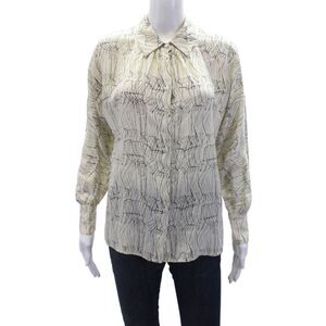 Kelly Wearstler Womens Abstract Long Sleeve Button Up Blouse Top Beige Size 2